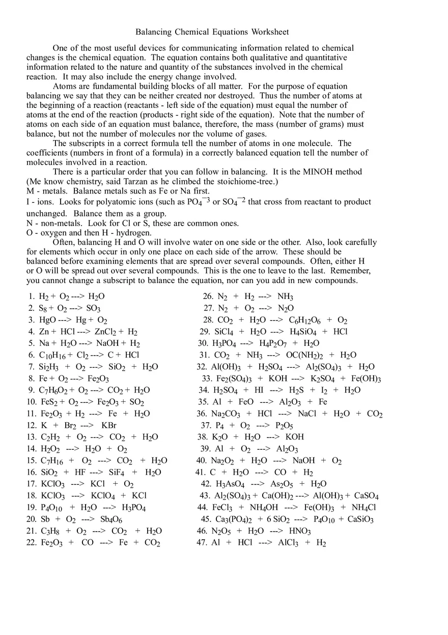 Chemistry Balancing Equations Worksheet - Page 1
