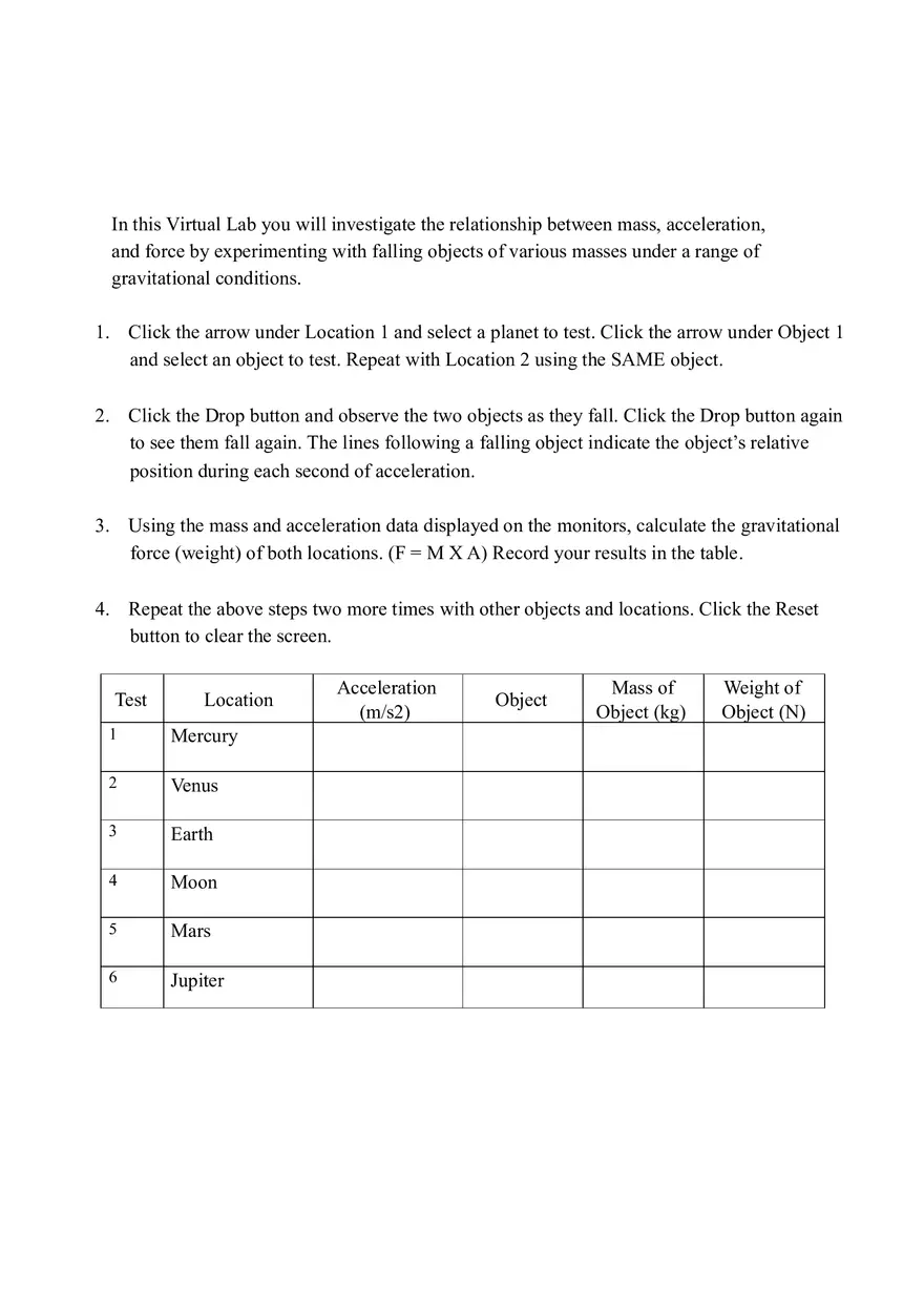 Exploring the Relationship Between Mass, Acceleration, and Force in Different Gravitational Conditions - Page 1