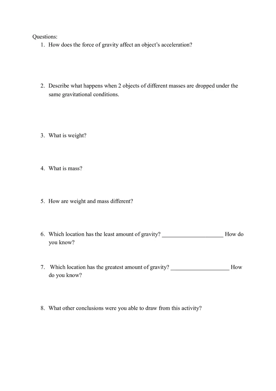 Exploring the Relationship Between Mass, Acceleration, and Force in Different Gravitational Conditions - Page 2