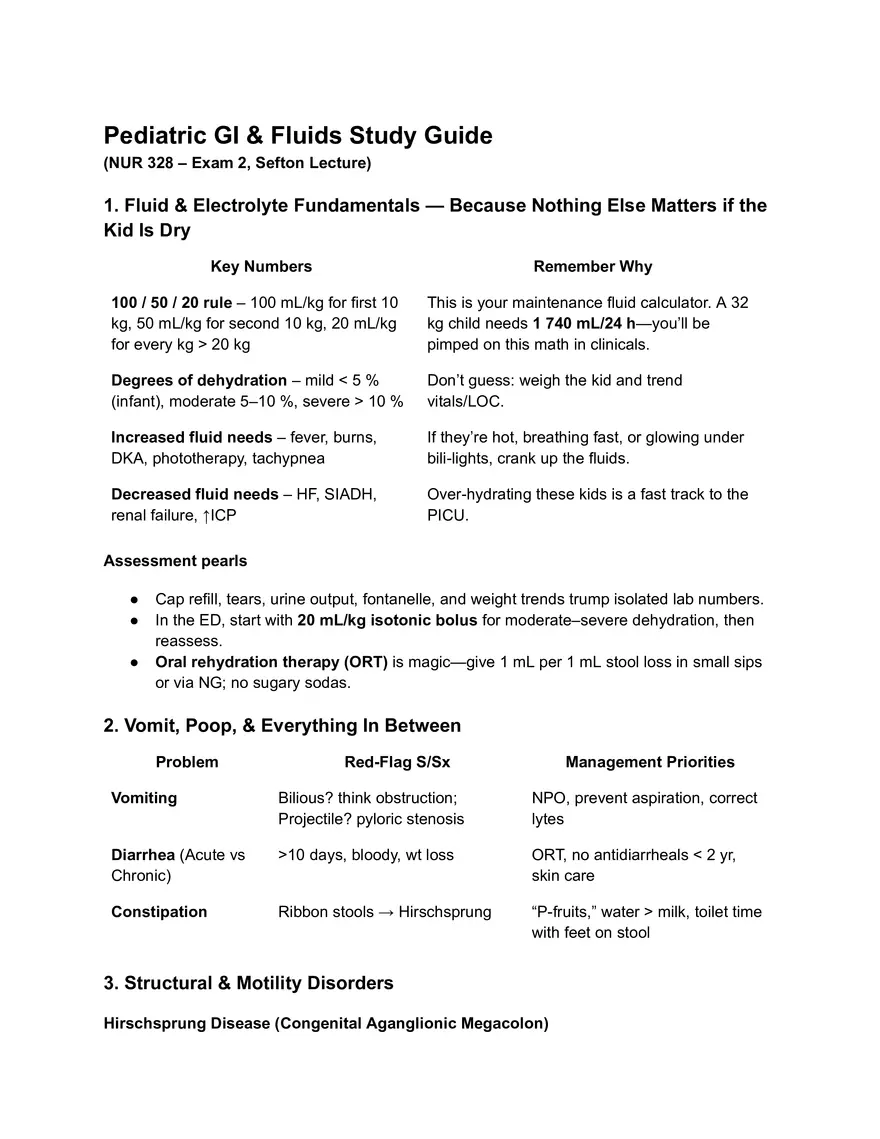Pediatric GI and Fluids Study Guide - Page 1