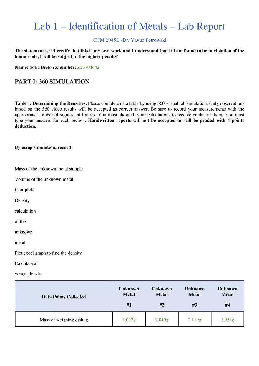 Lab 1 - Identification of Metals - Lab Report - Page 1