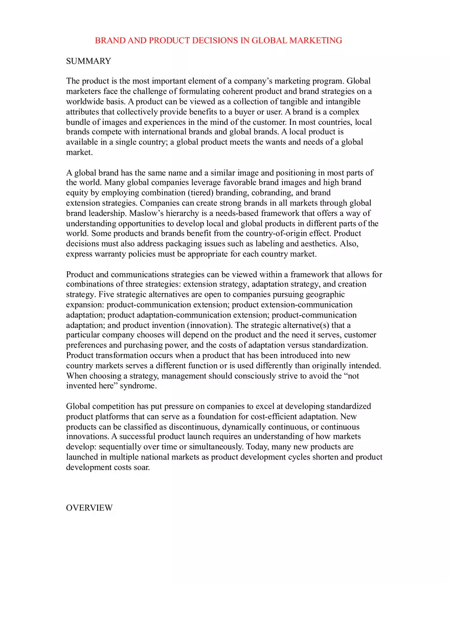 Brand and Product Decisions in Global Marketing - Page 1