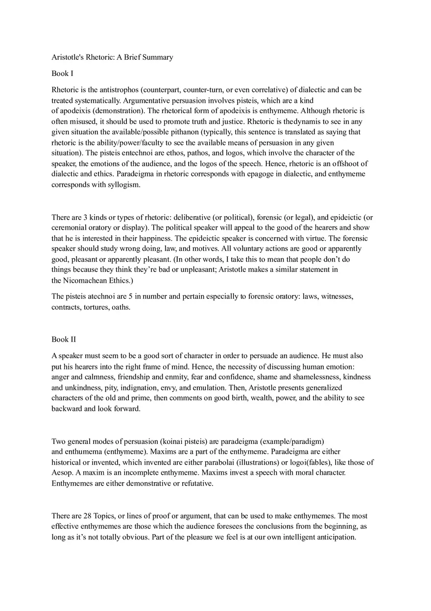 Aristotles Rhetoric A Brief Summary - Page 1