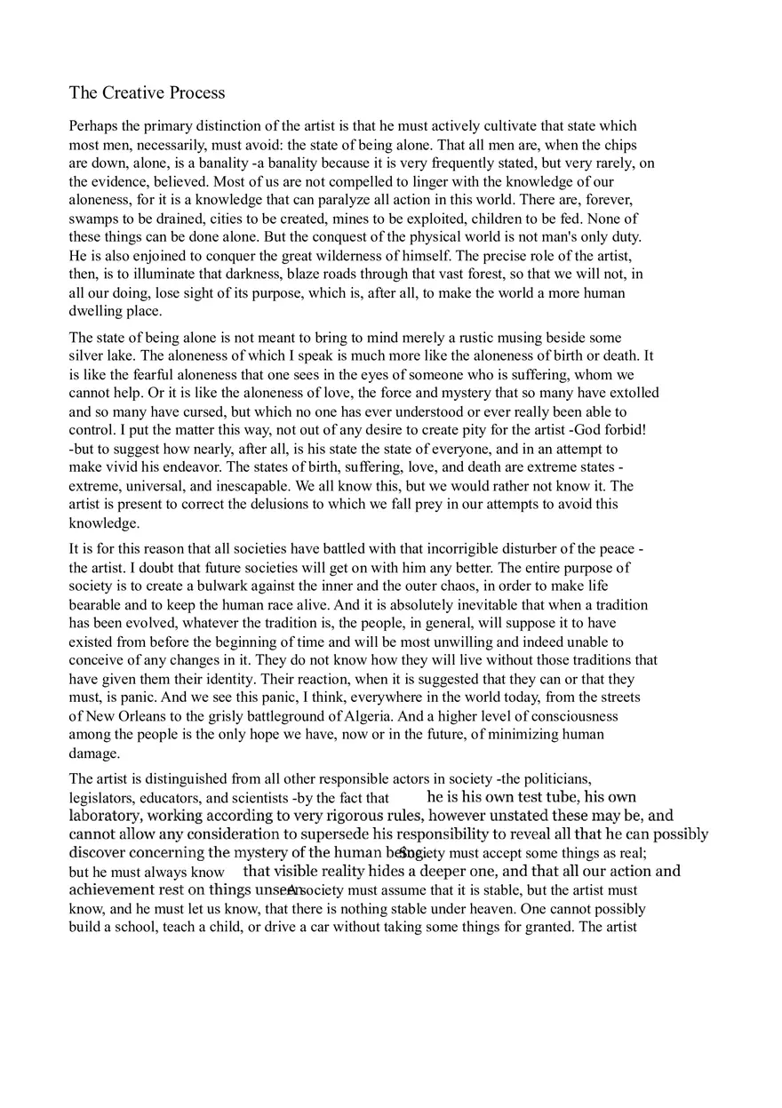 The Creative Process - The Artist's Role in Confronting Aloneness and Illuminating Human - Page 1