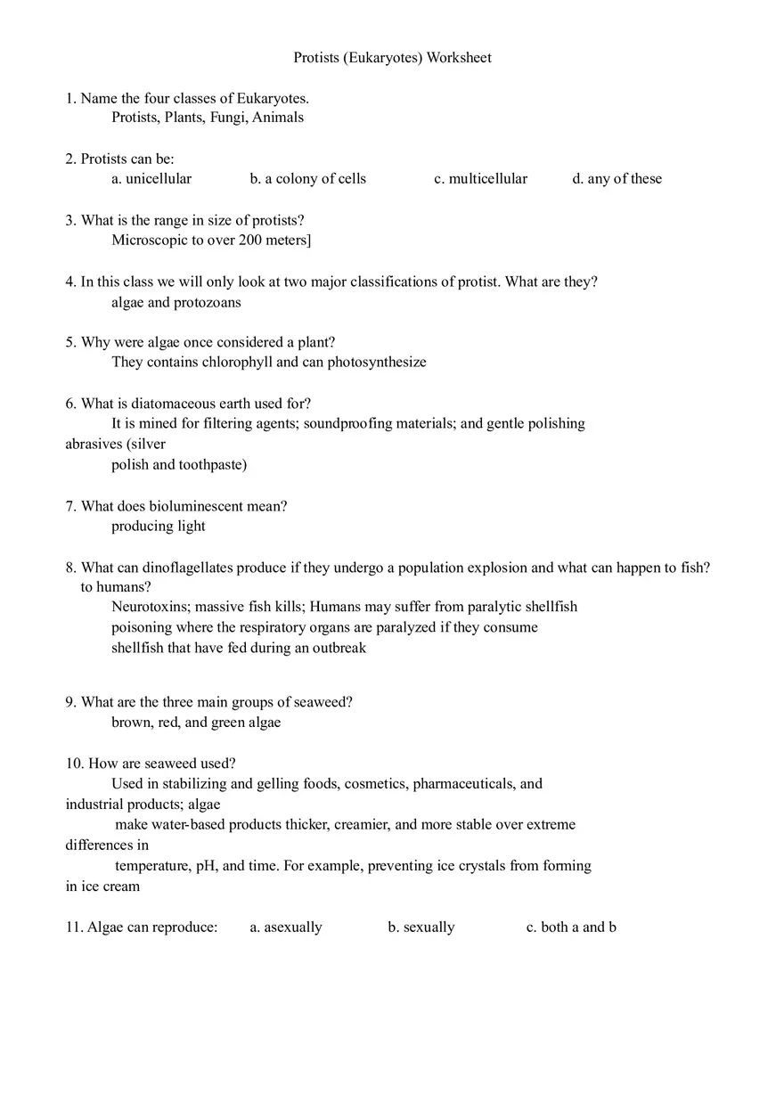 Protists (Eukaryotes) Worksheet Answers - Page 1