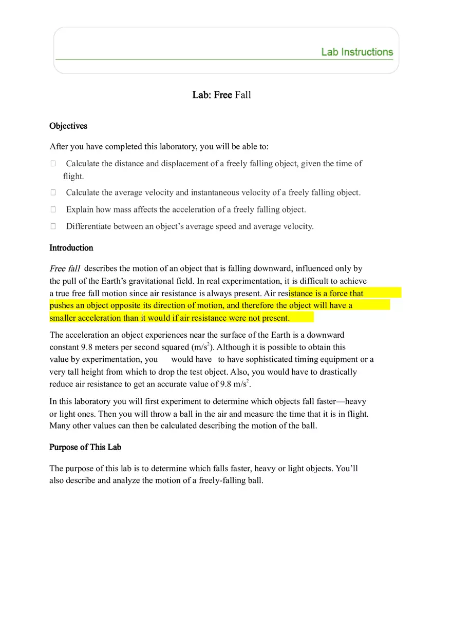 Lab Free Fall - Physics 1 - Page 1