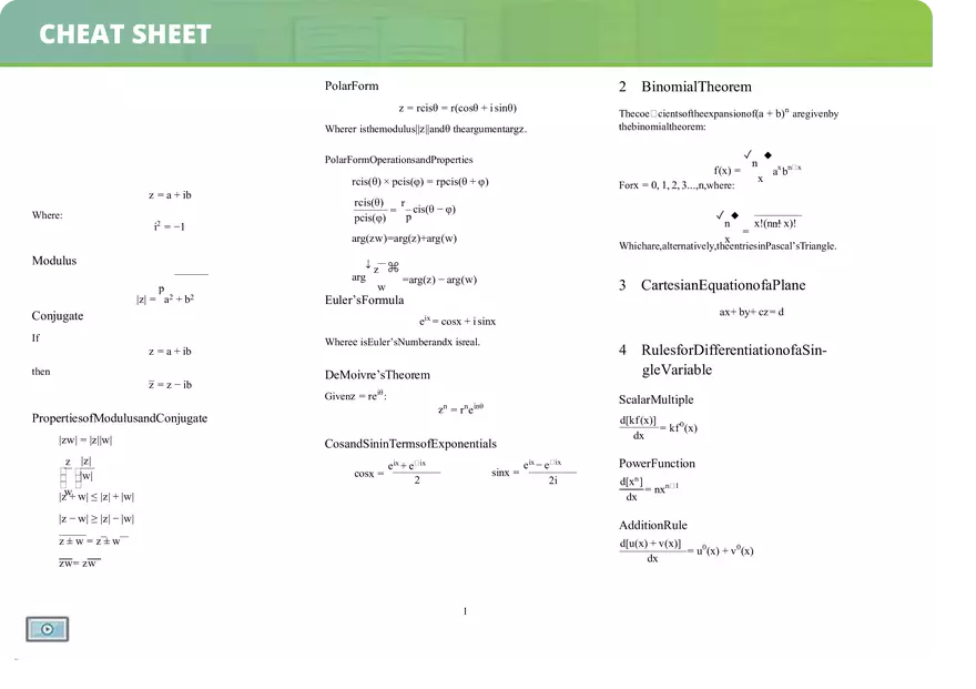 Binomial Theorem - Calculus Cheat Sheet - Page 1