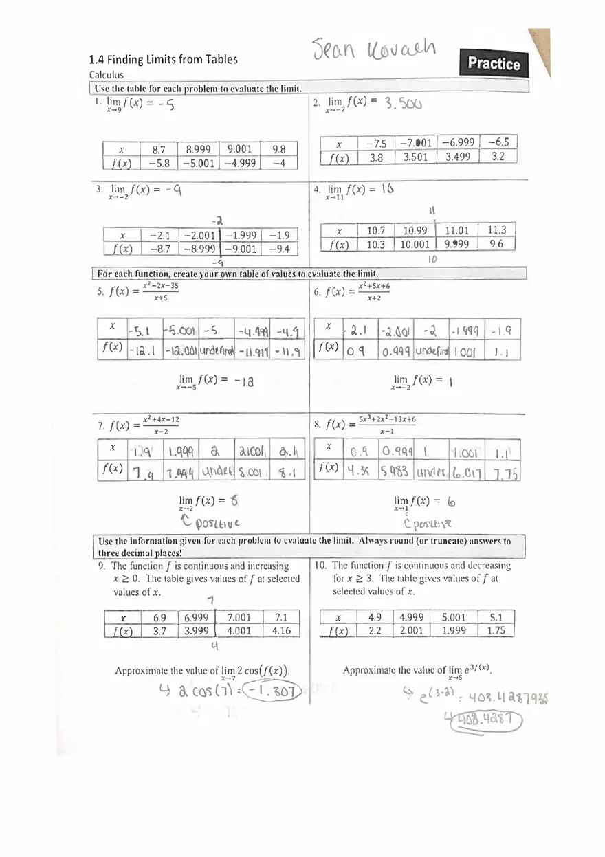 Finding Limits from Tables - Page 1