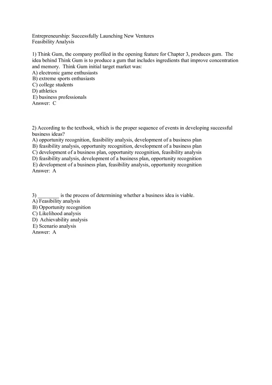 Test Bank for Ventures Feasibility Part 1 - Page 1