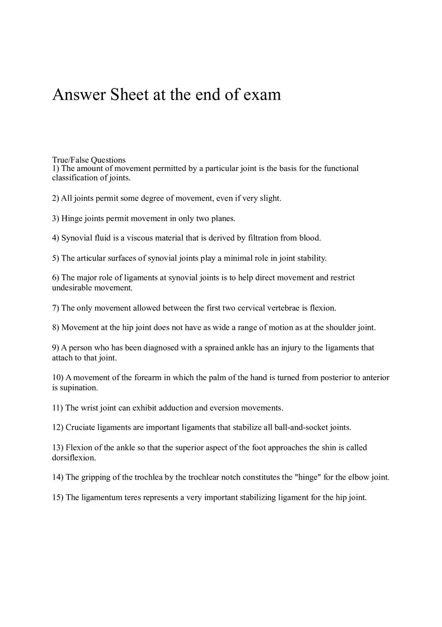 Answer Sheet at the End of Exam - Anatomy and Physiology - Page 2