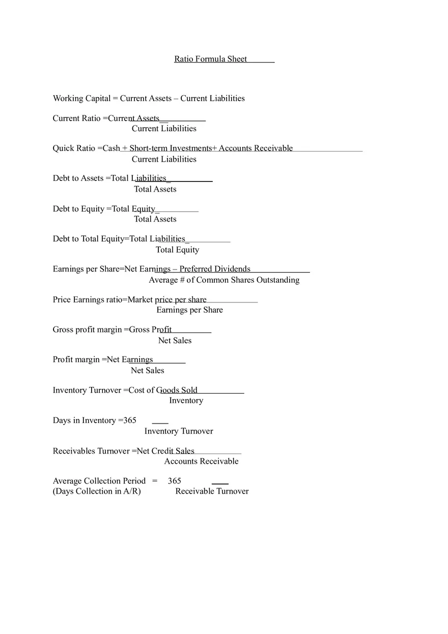 Accounting Ratio Formula Sheet - Page 1
