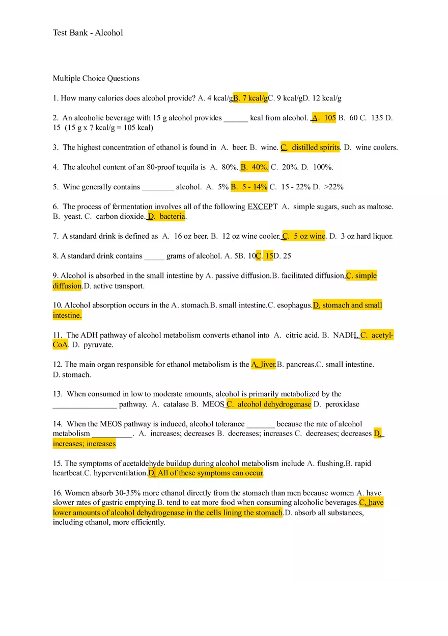 Chapter 1 Test Bank - Alcohol - Page 1