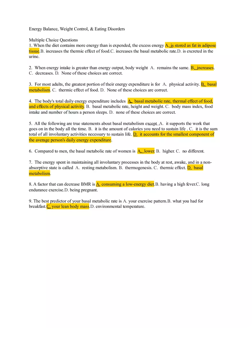 Chapter 5 Test Bank - Energy Balance and Weight Control - Page 1