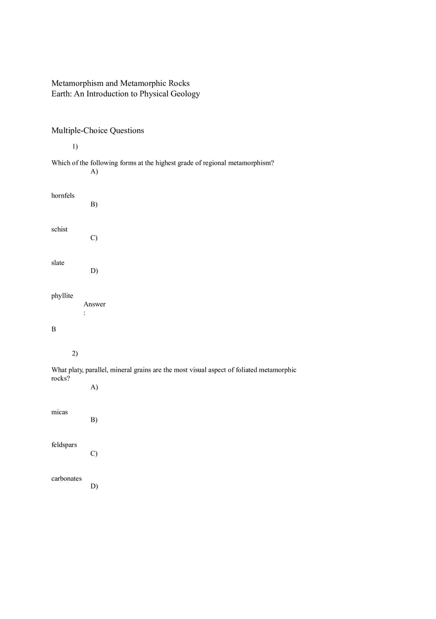 Metamorphism and Metamorphic Rocks Answers 1-26 - Page 1