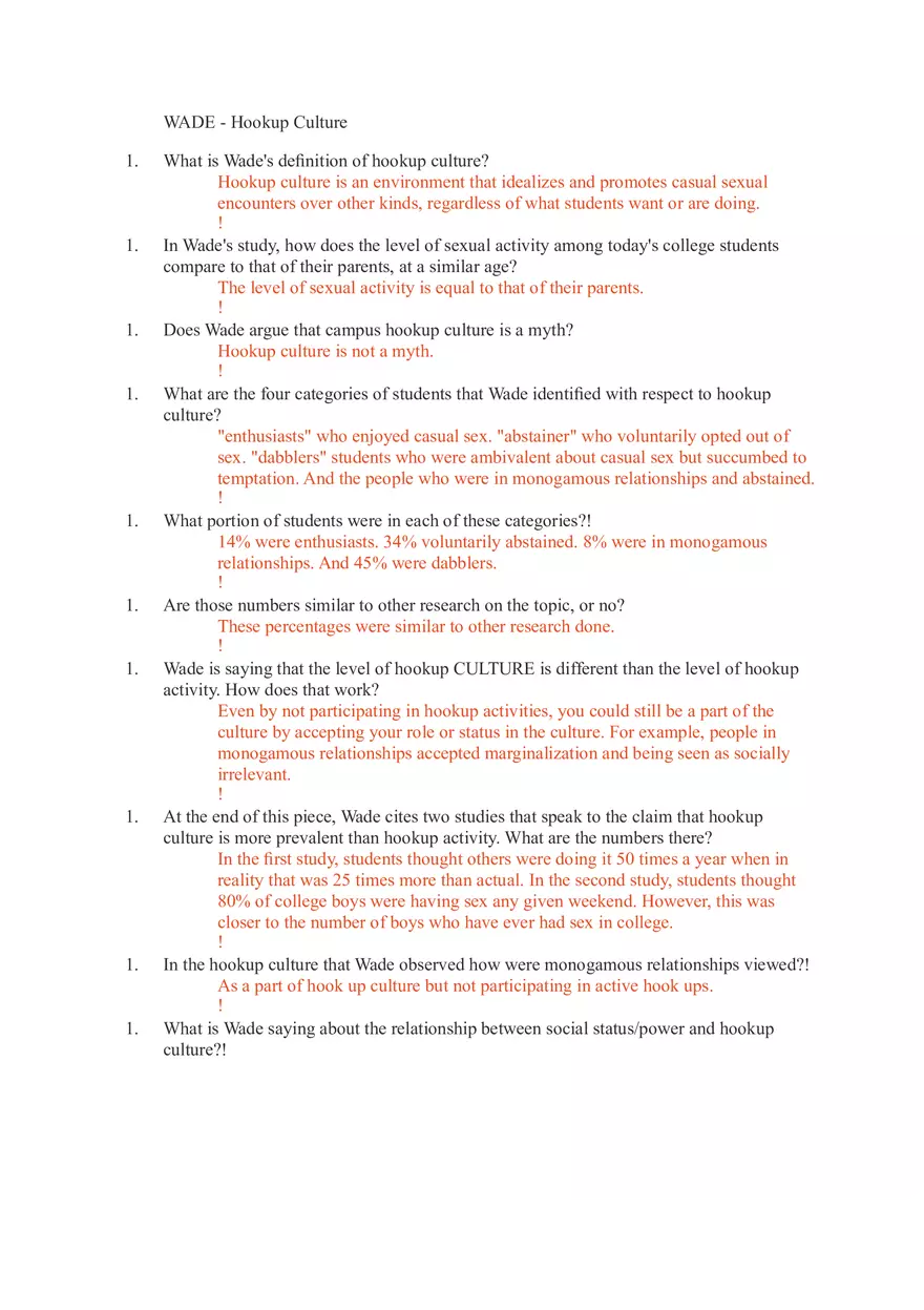 WADE - Hookup Culture Study Guides - Page 1