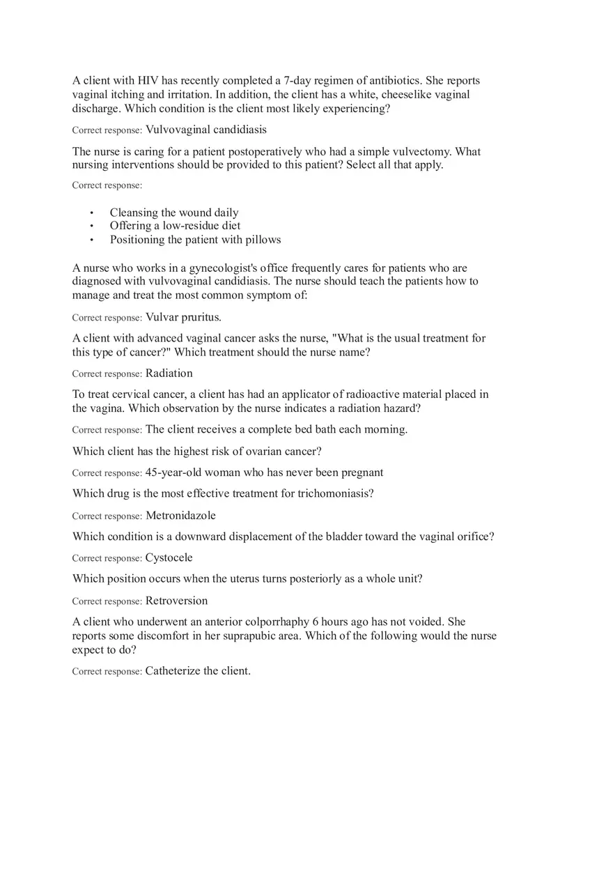 Gynecological Health and Oncology Nursing (Correct Responses) - Page 1
