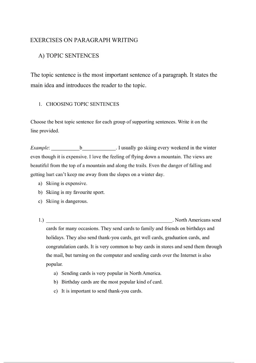 Exercises on Paragraph Writing Choosing Topic Sentences - Page 1