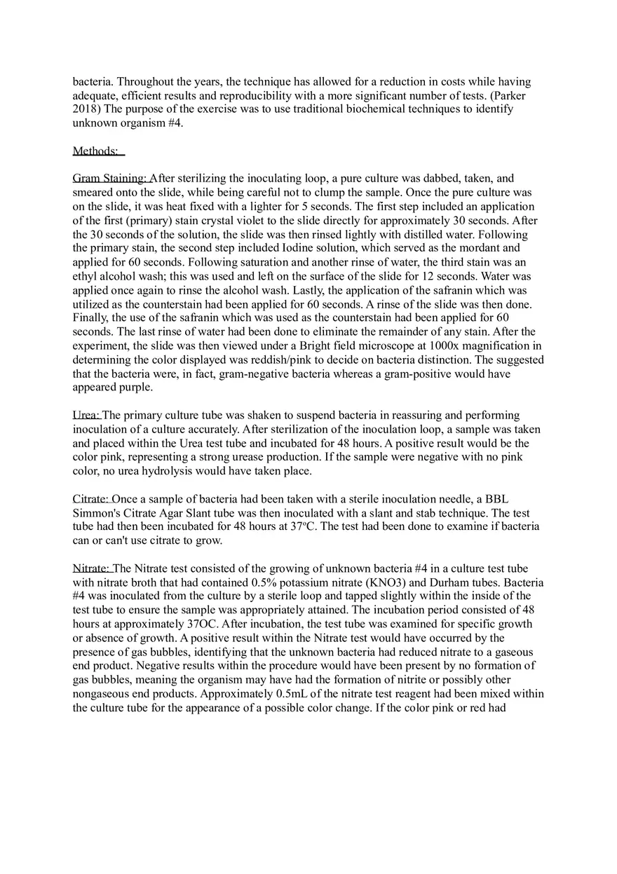 The Use of Biochemical Techniques in Identifying Unknown Bacteria #4 Report - Page 2