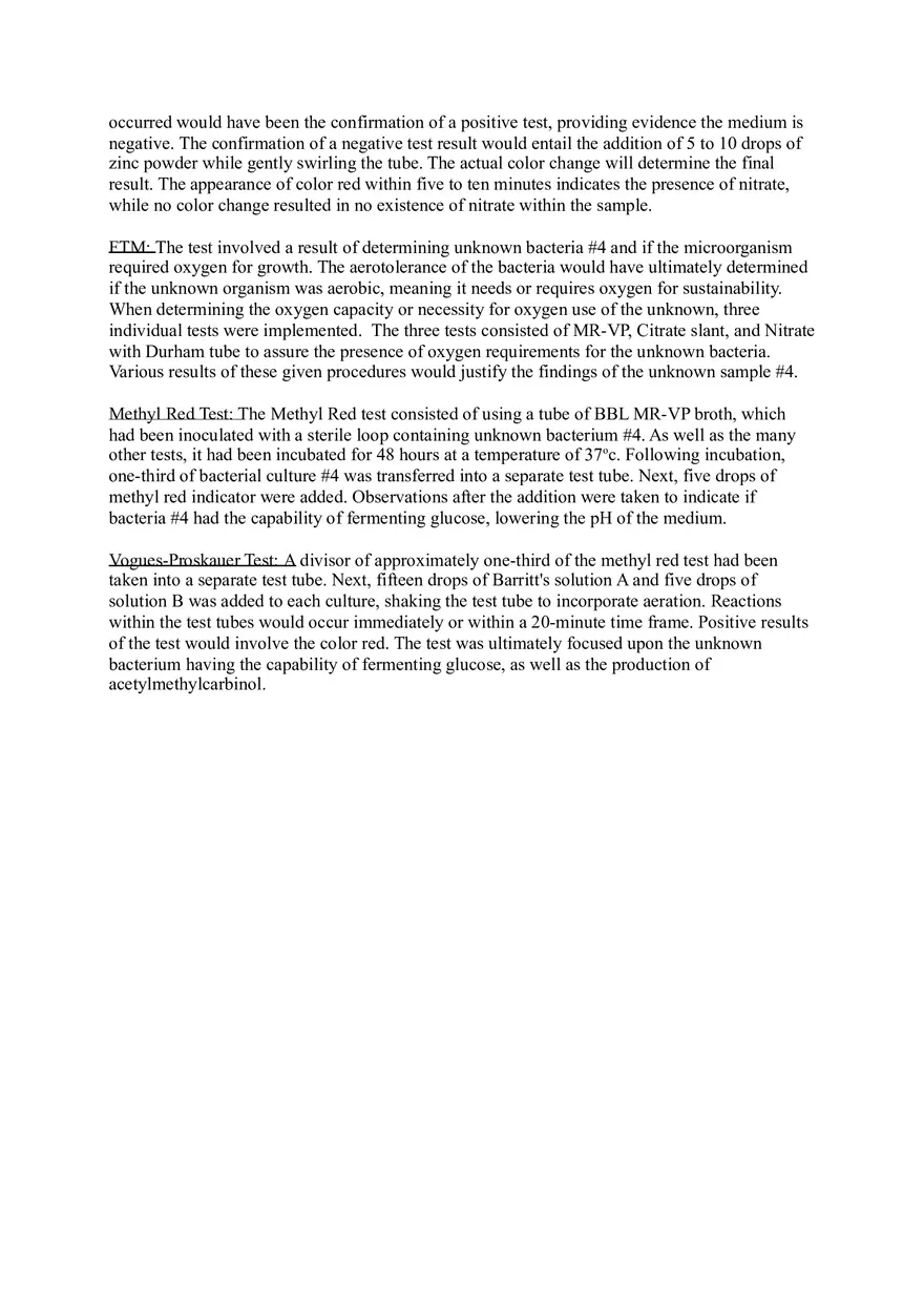 The Use of Biochemical Techniques in Identifying Unknown Bacteria #4 Report - Page 3