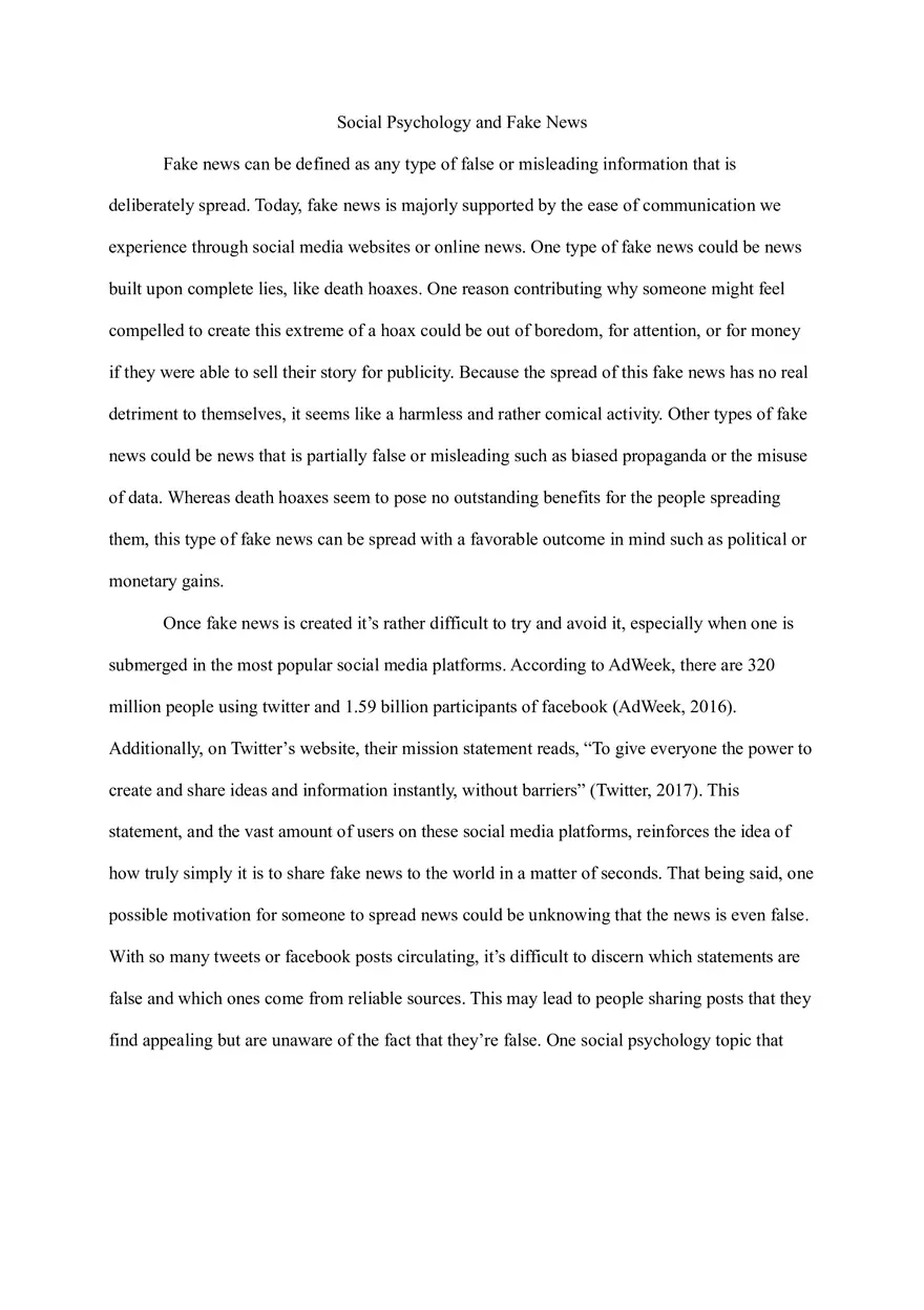 Social Psychology and Fake News Essay - Page 1