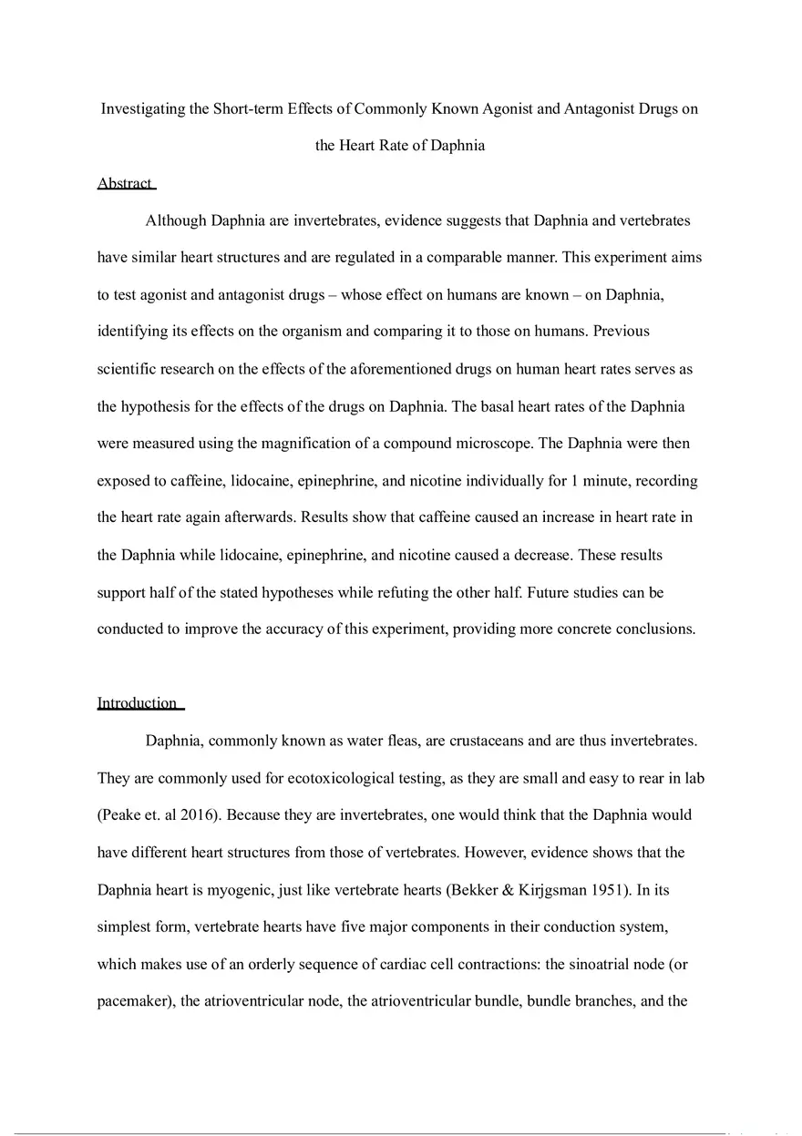 Investigating the Effects of Agonist and Antagonist Drugs on Daphnia Heart Rate - Page 1