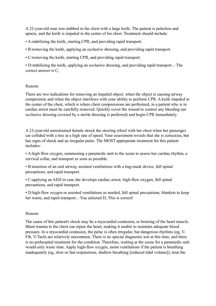 Treatment for a Stab Wound with Impaled Object and Cardiac Arrest Answer Key - Page 1