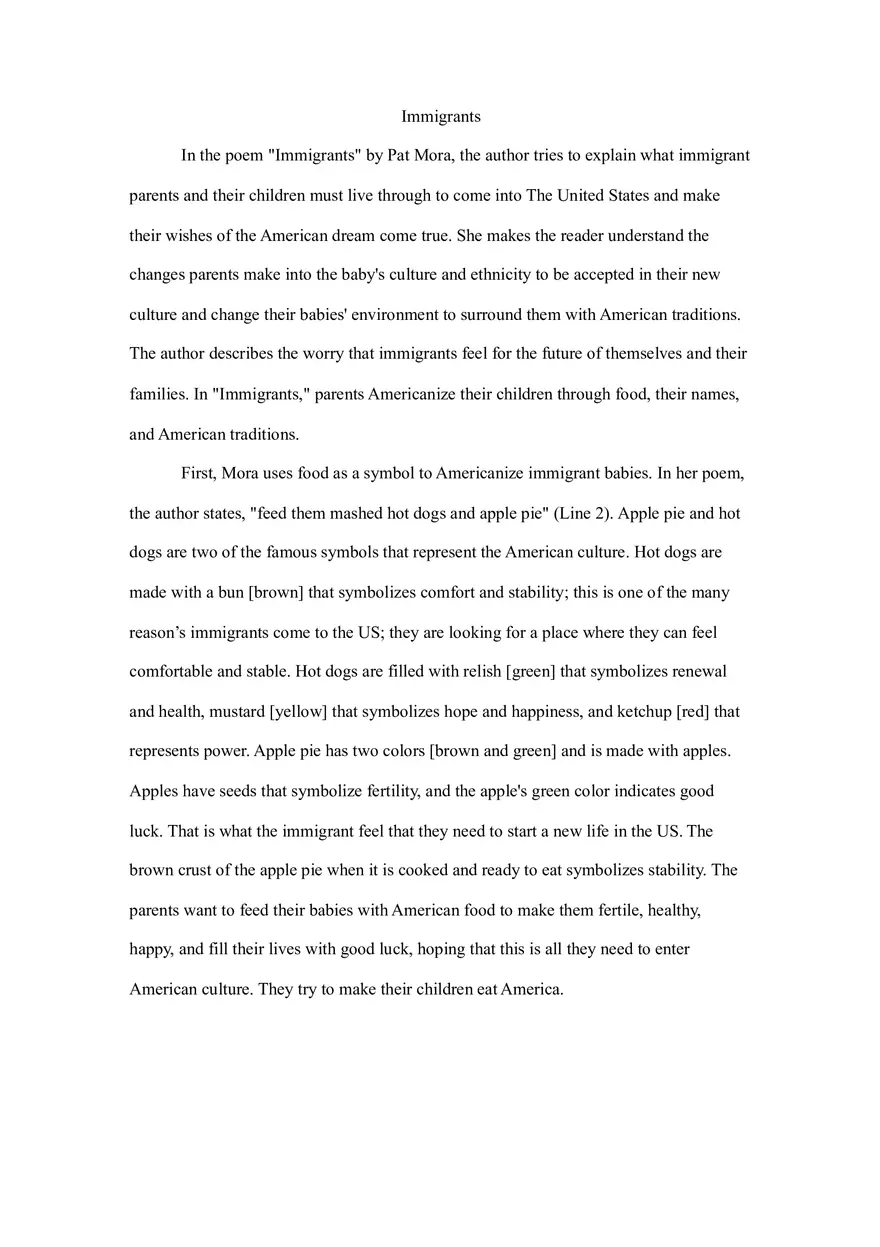 Poem Immigrants by Pat Mora Analytical Essay - Page 1