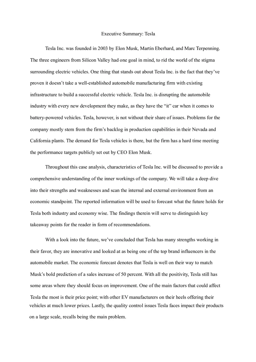 Executive Summary - Tesla - Page 1