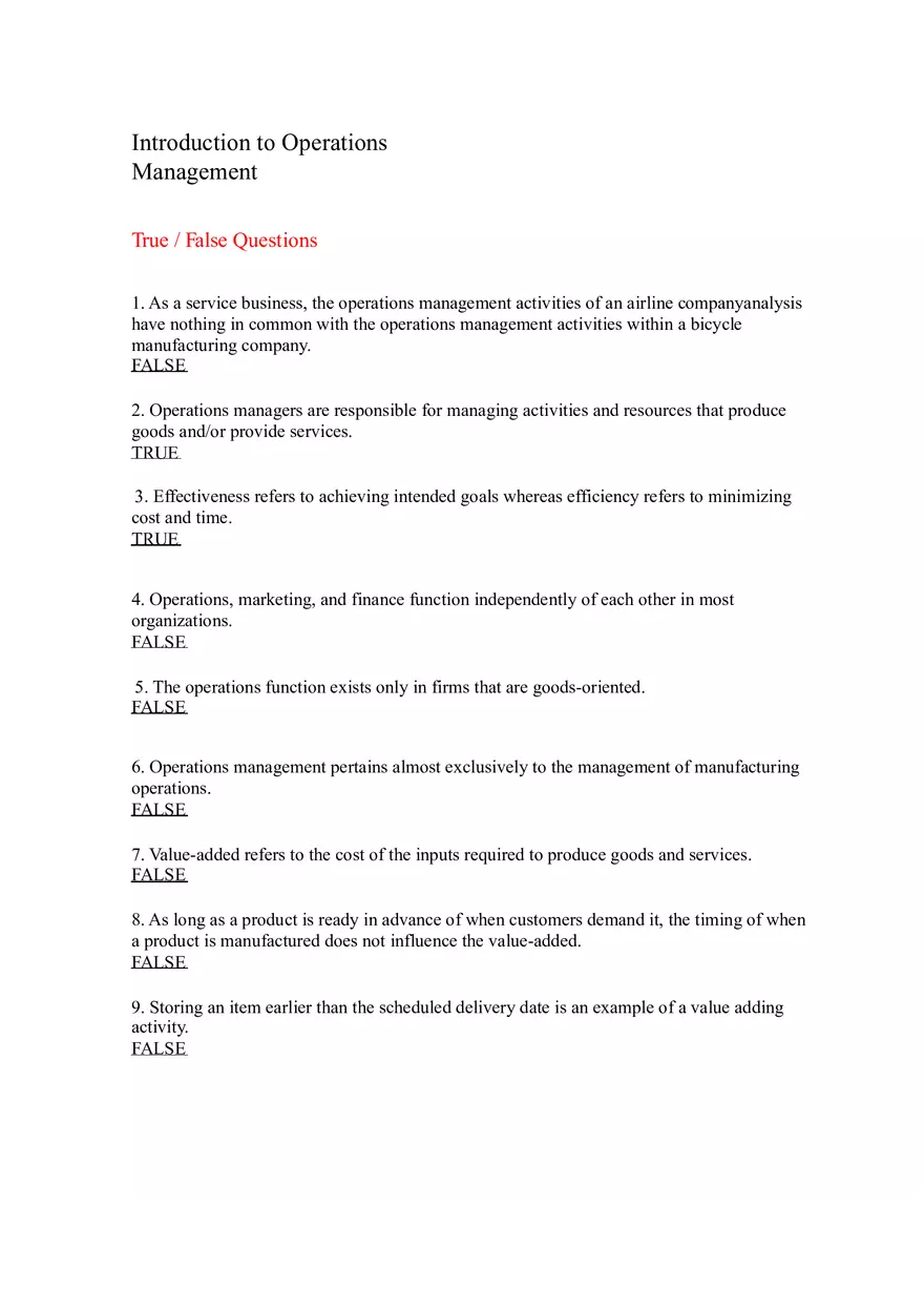 Introduction to Operations Management Answer Key Part 1 - Page 1