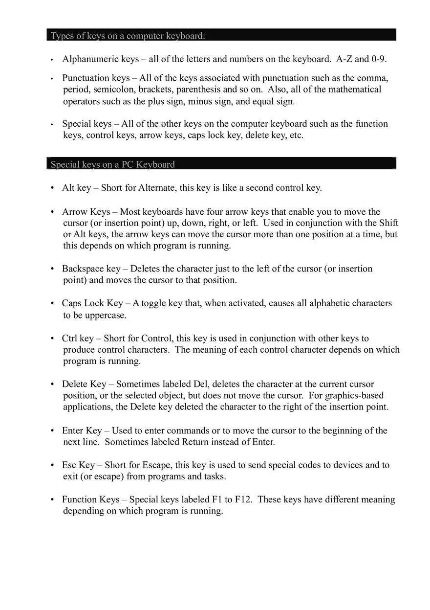 Types of Keys on a Computer Keyboard - Page 1