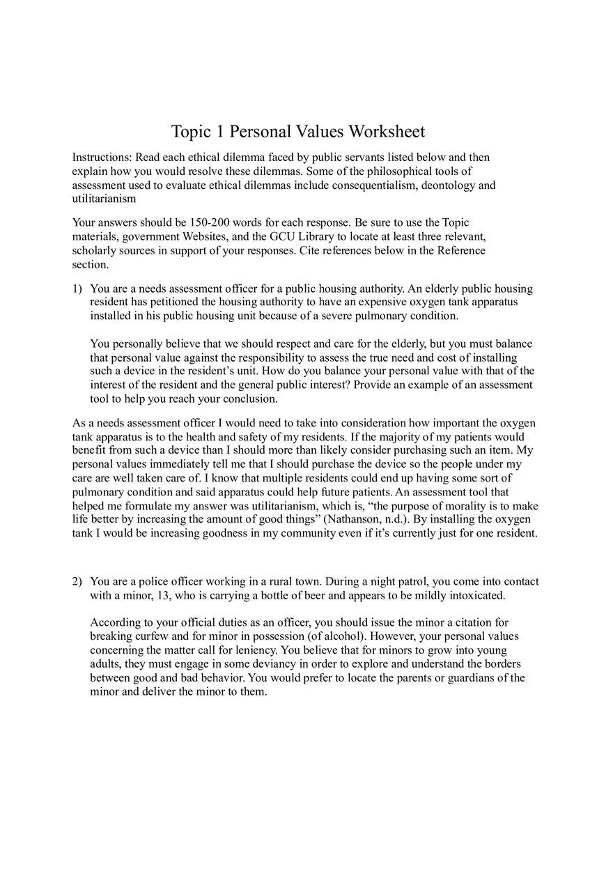 Personal Values Worksheet - Page 1