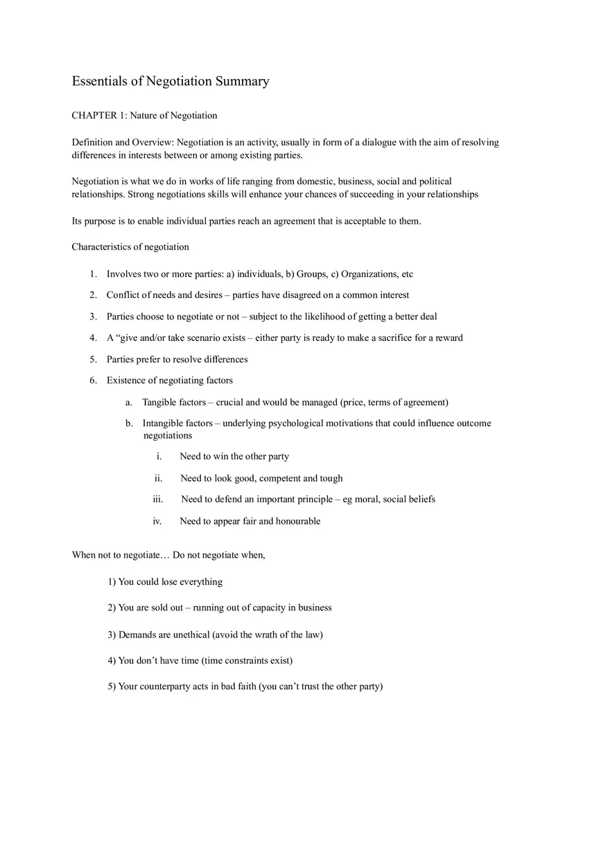 Essentials of Negotiation Summary - Page 1