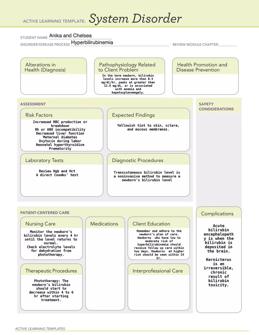 ATI Learning Template - Hyperbilirubinemia - Page 1