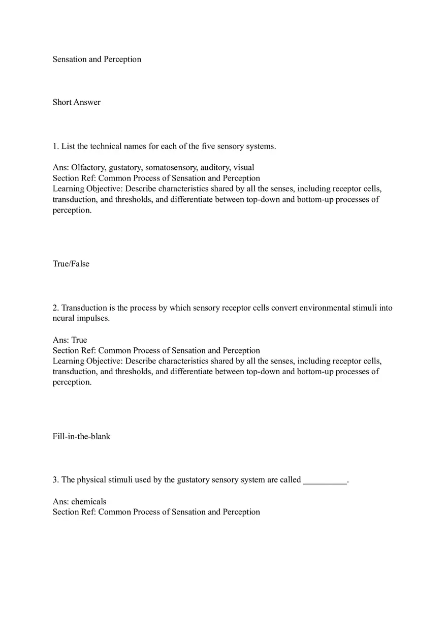 Sensation and Perception Test Answer Key Part 1 - Page 1