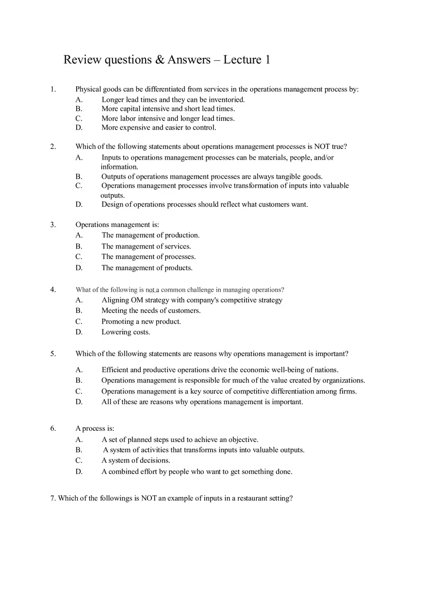 Operations Management Differences Between Physical Goods and Services, Processes, and Management Answer Key - Page 1