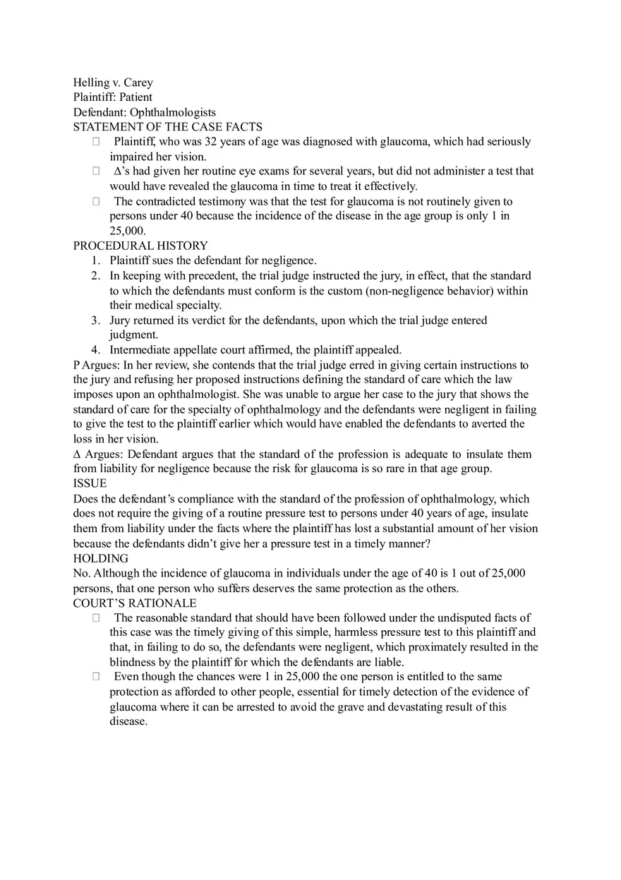 Helling v Carey - Summary The Torts Process - Page 1