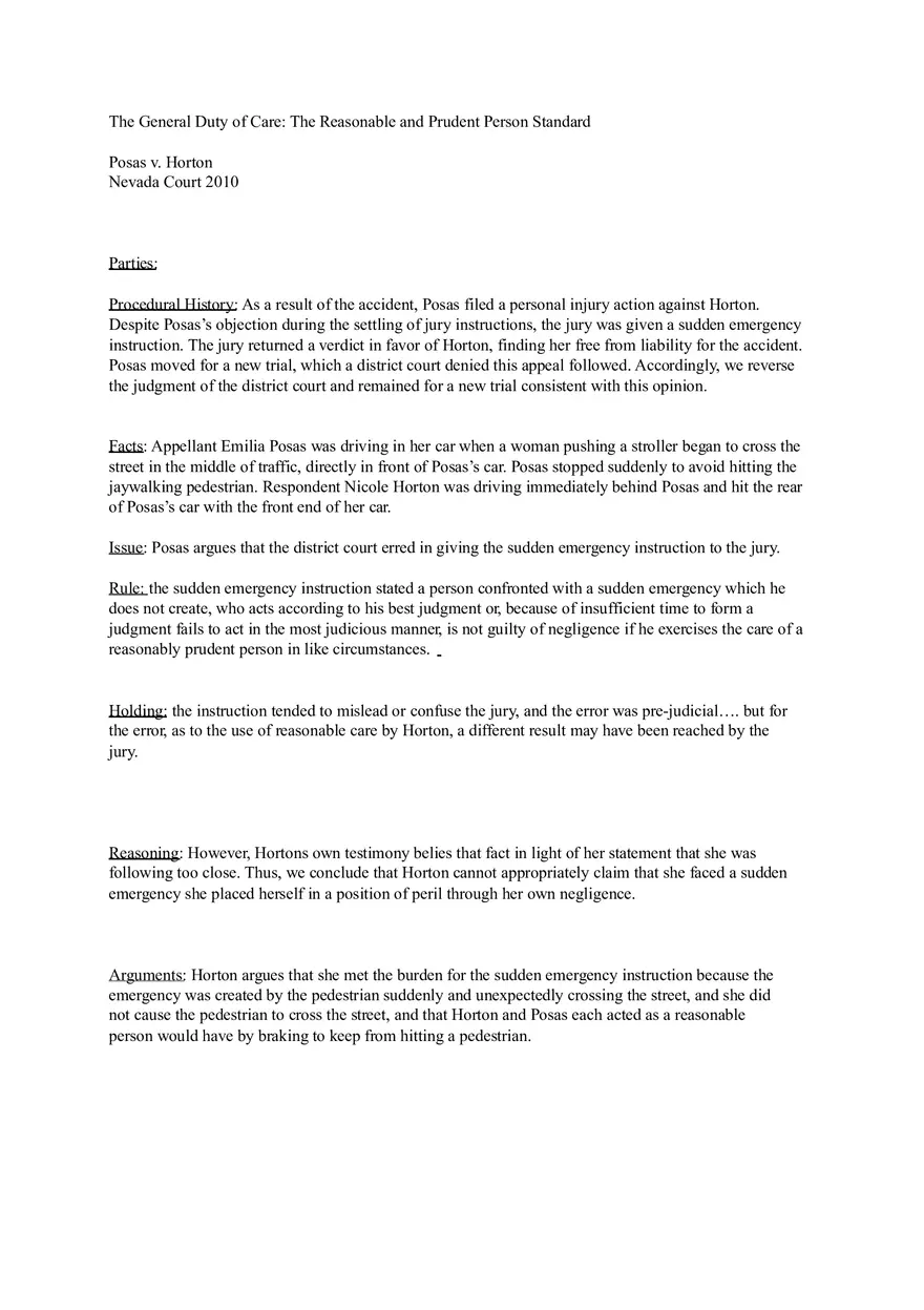 Posas v. Horton Case Brief Torts Case - Page 1