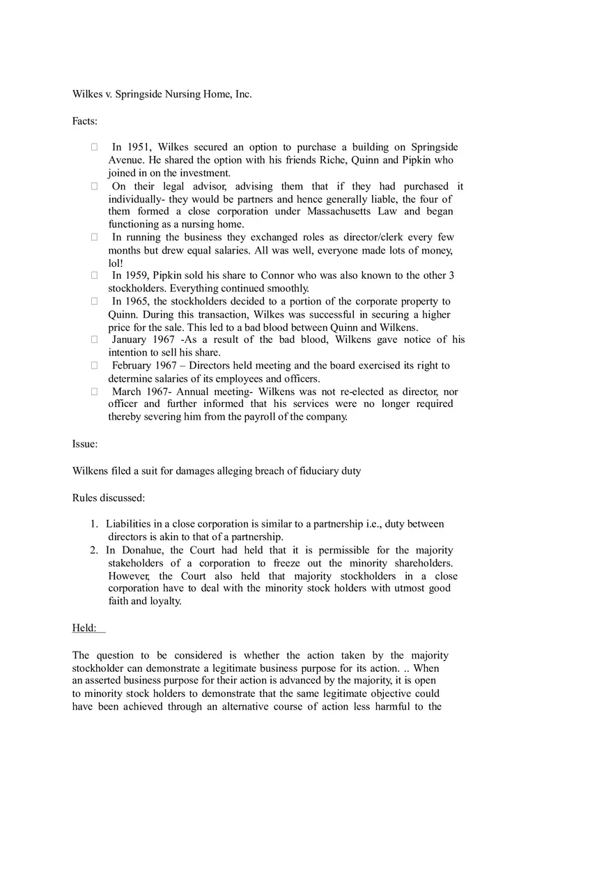 Wilkes v Springfield - Case Law Summary - Page 1