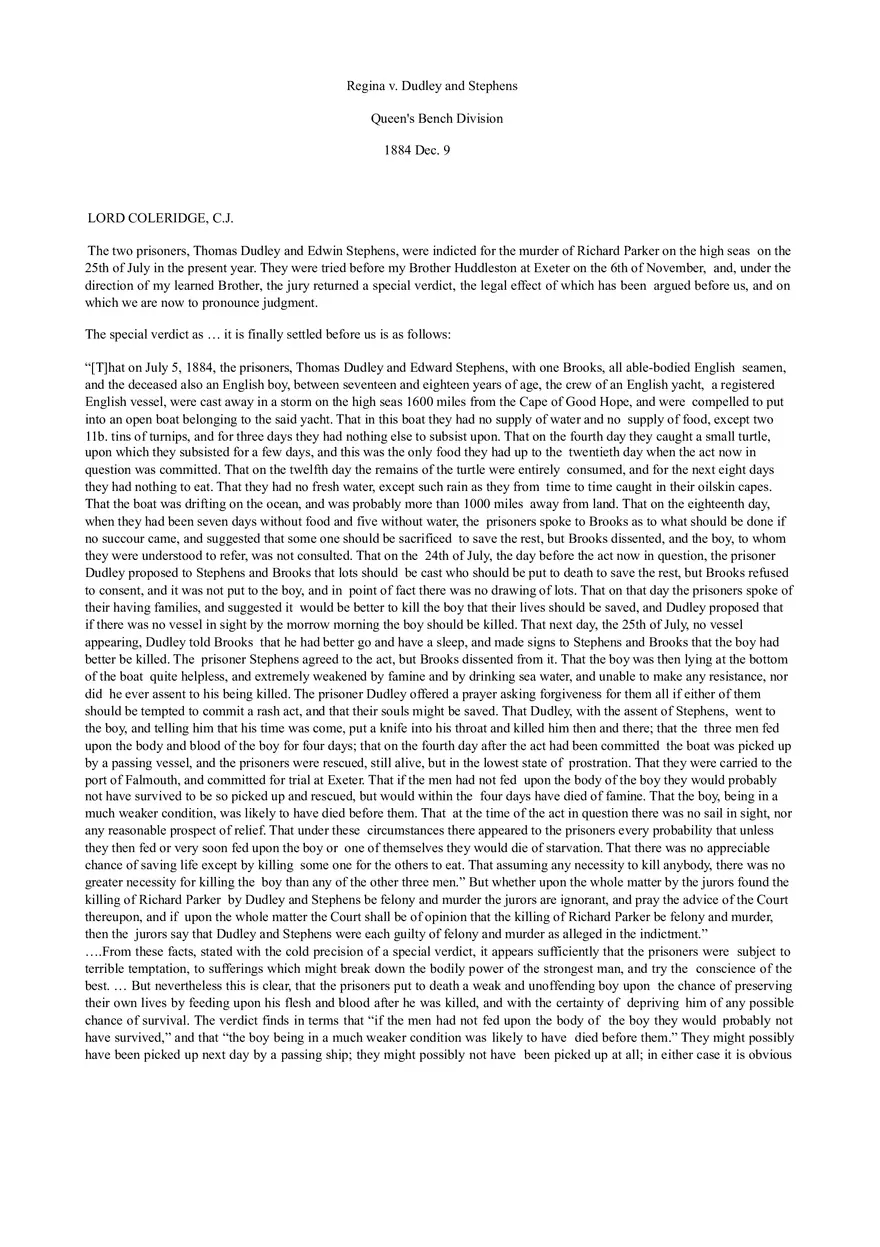 Regina v. Dudley and Stephens Mock - Page 1