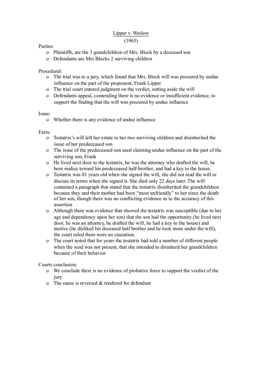 Lipper v. Weslow - Lecture Notes 8-9 - Page 1