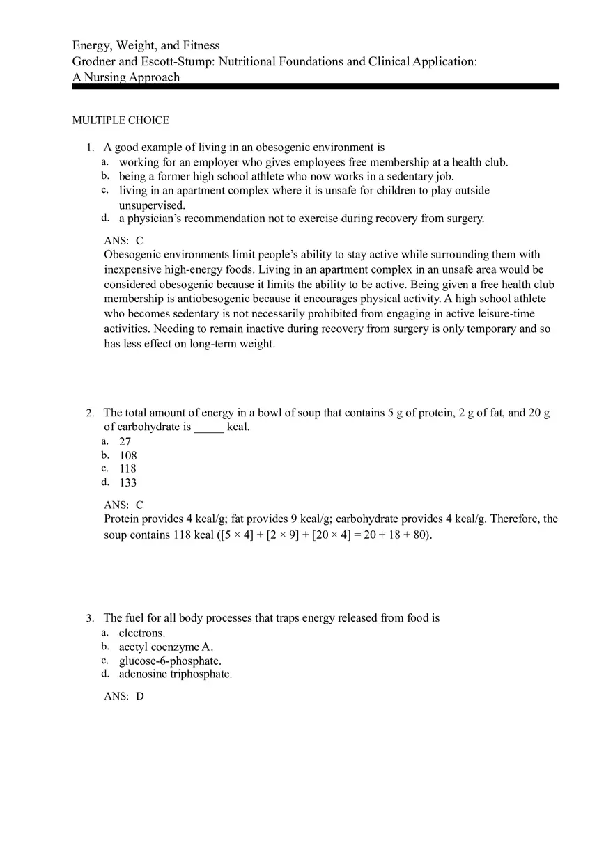 Nutrition (Energy, Weight, and Fitness) Answer Key - Page 1