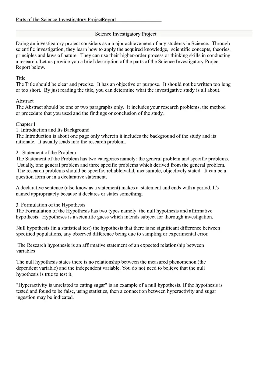 Parts of the Science Investigatory Project - Page 1