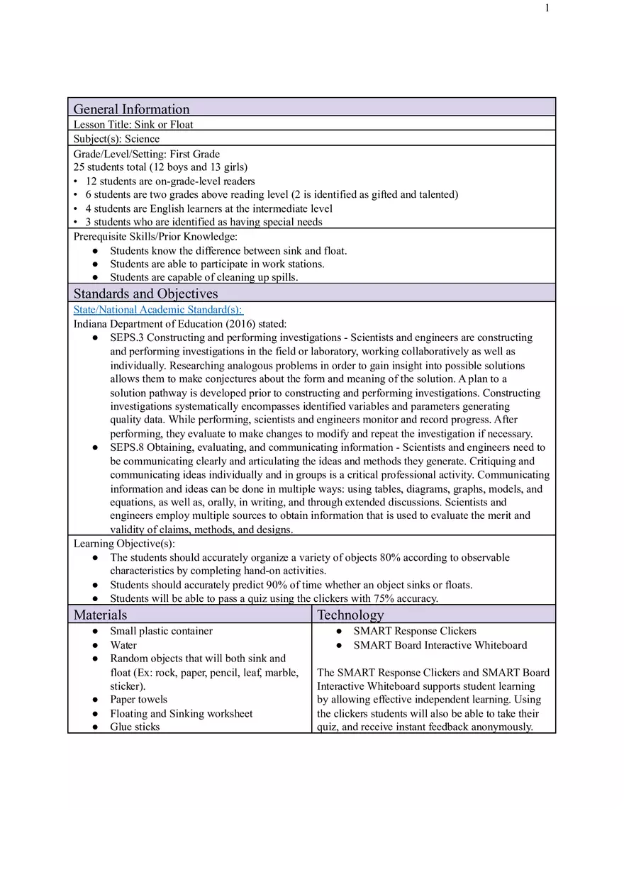 Sink or Float Lesson Plan - Page 1