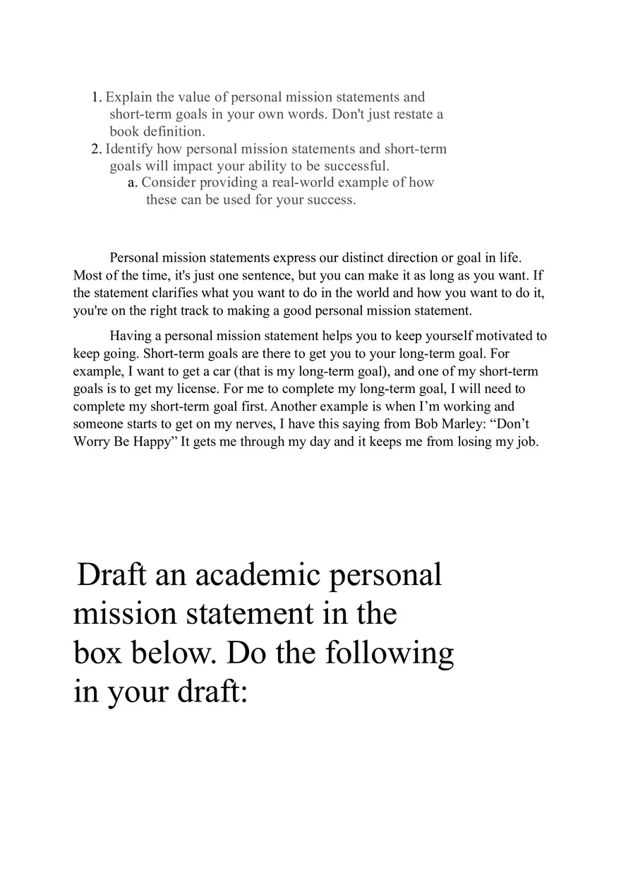 Explain the Value of Personal Mission Statements and Short - Page 1