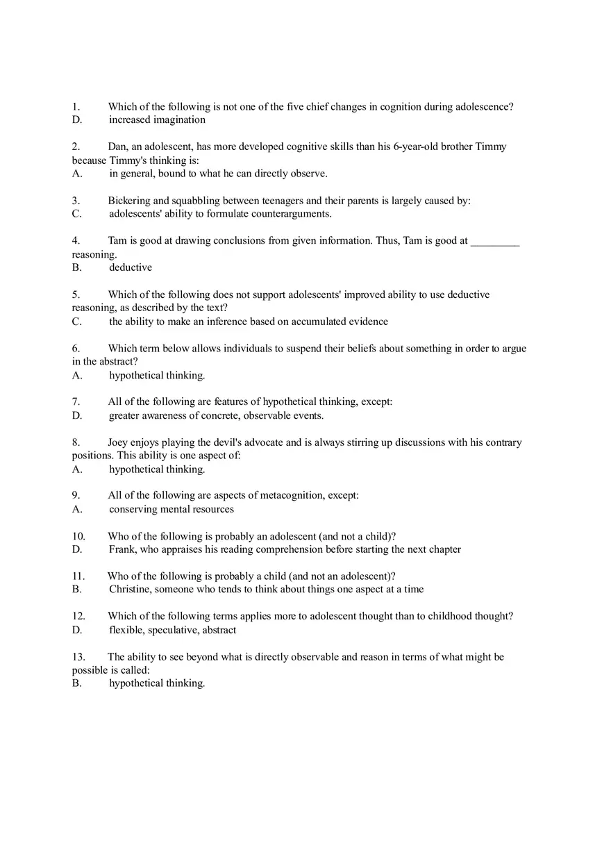 Cognitive Development in Adolescence Test - Page 1