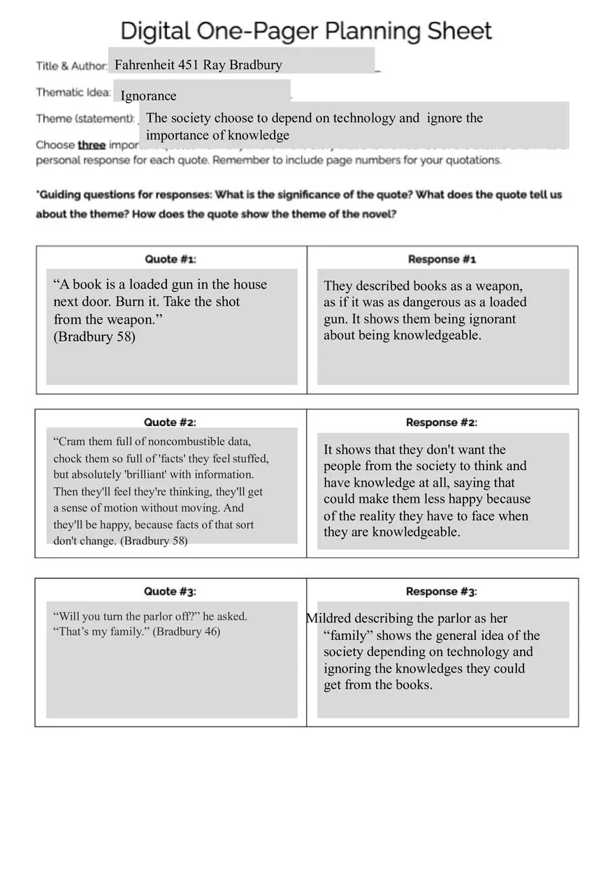 Fahrenheit 451 Digital One Pager Planning Sheet - Page 1