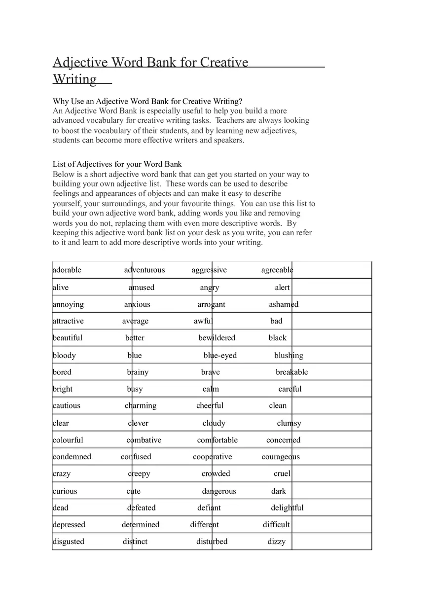 Adjective Word Bank for Creative Writing - Page 1