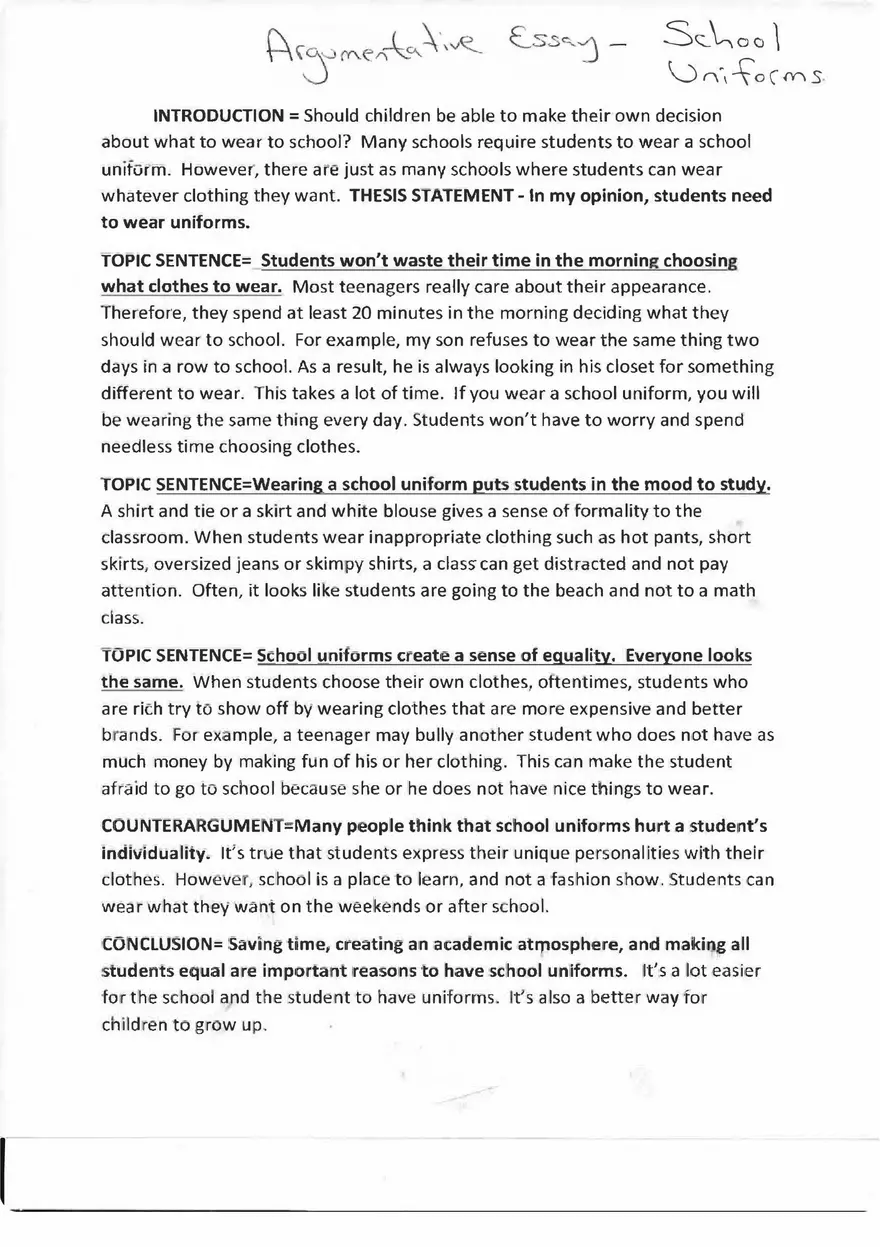 Argumentative Essay - School Uniforms - Page 1