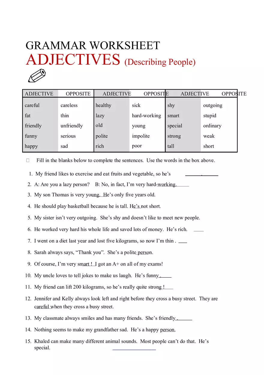 Grammar Worksheet Adjectives - Page 1