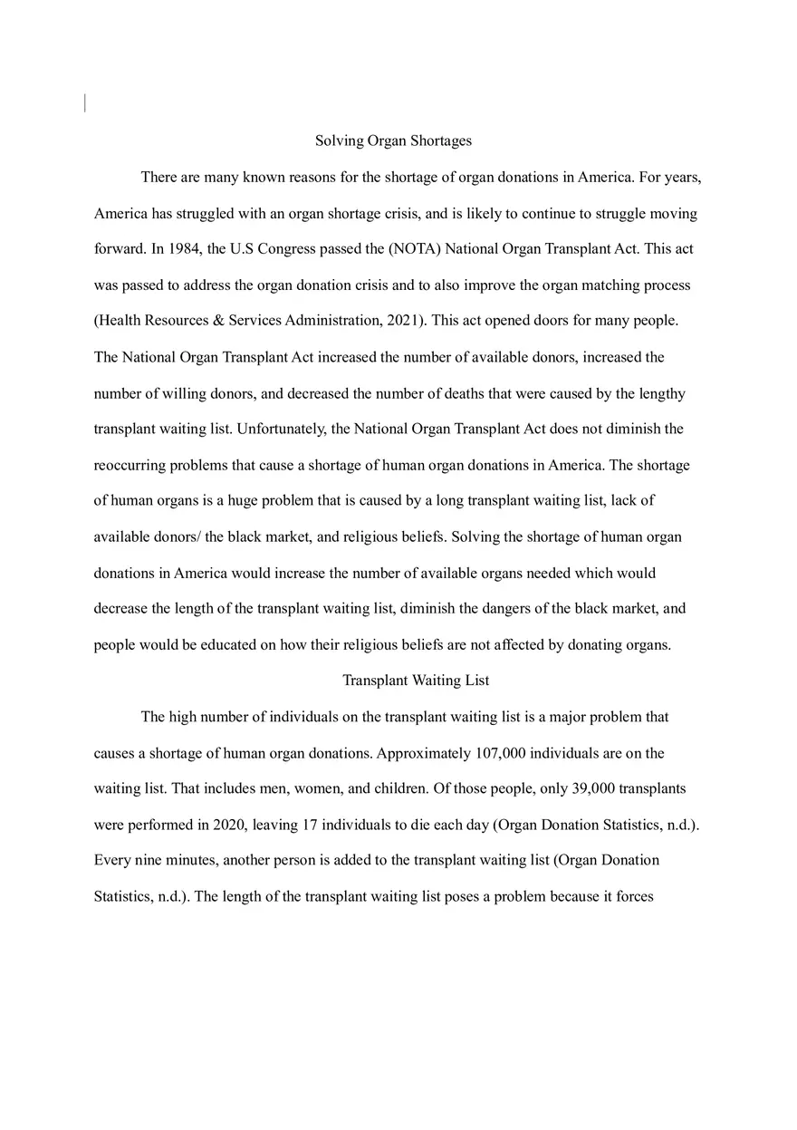 Solving Organ Shortages Proposal Essay - Page 1